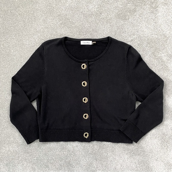Calvin Klein Sweaters - Calvin Klein Ladies Black 3/4 Sleeve GoldTone Toggle Button Shrug ~Size L~Cute!
